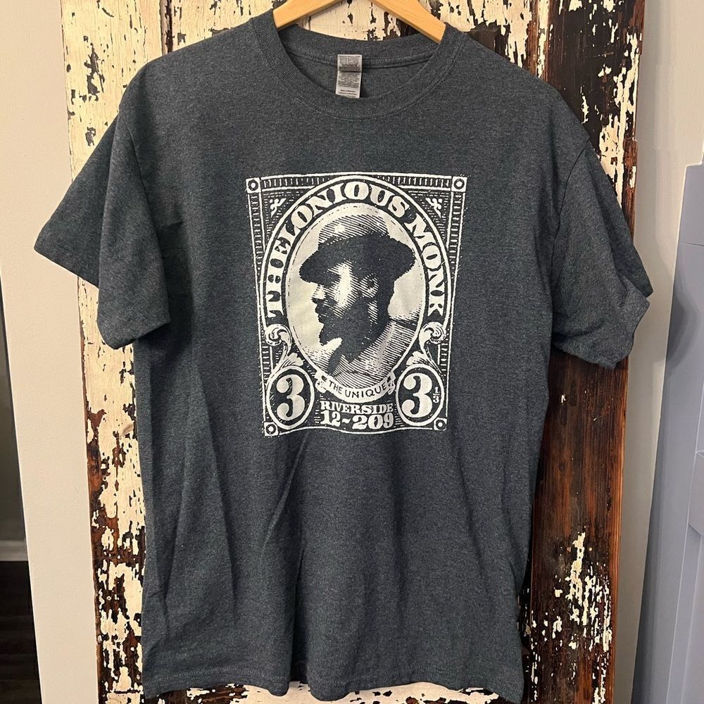 Thelonious Monk The Unique Riverside LP Stamp men’s size Large Tshirt. Jazz